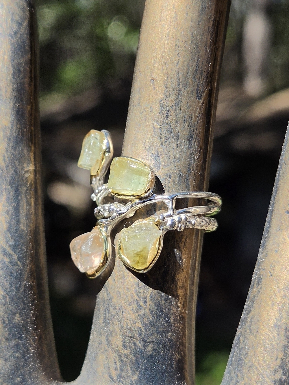 Tourmaline Natural Raw Gemstone Sterling & White Gold Ring Sz8 - Picture 7 of 10